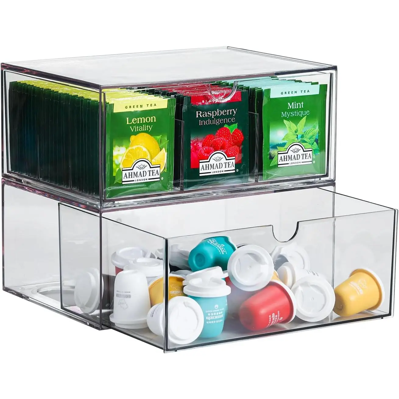 2   and Coffee Organizer, 9 Grids  Bag Organizer Box and 1 Compartment Coffee Pod Storage Box,  Drawers Stackable Design Suitable for Storing Pods Creamers Sugar Packets