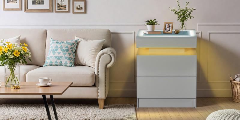 LED Nightstand with Charging Station, Floating Modern Black Bedside Table with Drawers, Smart Night Stand with Wireless Charging, USB/Type-C Ports & RGB Lights, White