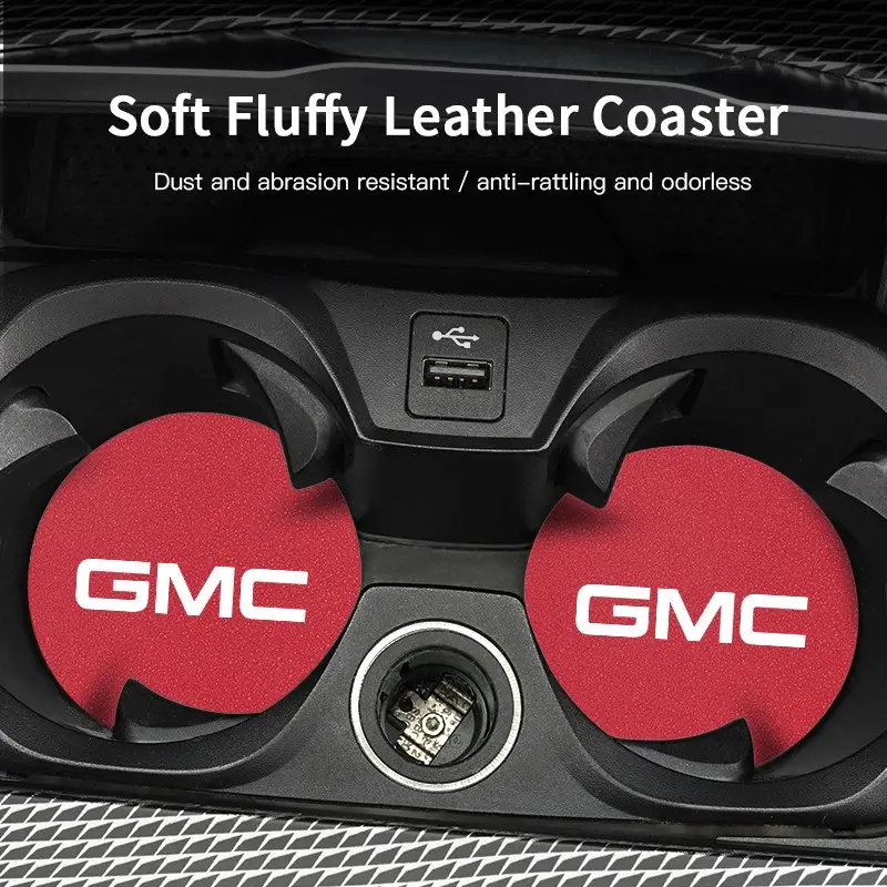 2Pcs Car Leather Coaster Mat Anti-slip Water Cup Pad For GMC Terrain Sierra Canyon Yukon Acadia Savana Denali AT4 Granite Automotive Interior Accessories Car Accessory Car Interior Accessories