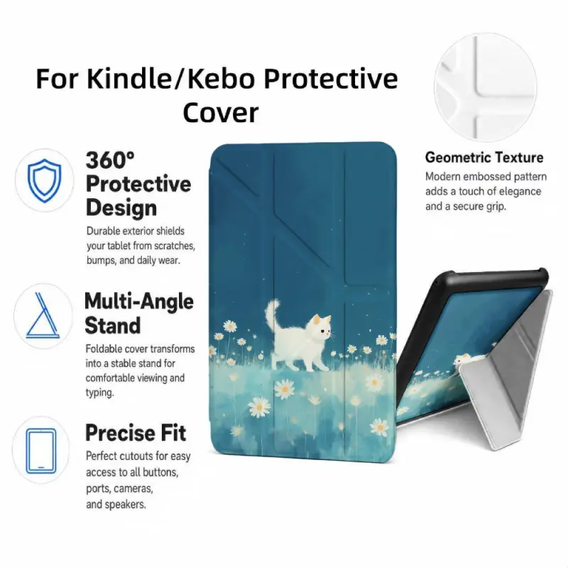 For Kindle/Kobo/Tolino Case, with stand White Cat Flower Field Sky for New Kindle 11Th 2019, for Kindle 11th Generation Case for Kindle 11Th (2022/2024), 6-Inch, 7-Inch Kindle Paperwhite 12Th Generation 2024 Vision Color (2024) /Vision 6 (2021）/Shine Colo