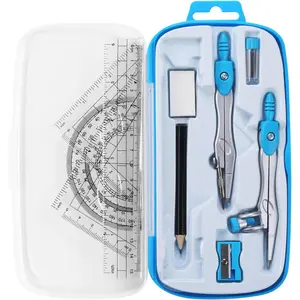 Math Geometry Kit Sets 10 Piece Student Supplies with Shatterproof Storage Box,Includes Rulers,Protractor,Compass,Eraser,Pencil Sharpener,Lead Refills,Pencil for Drafting and Drawings Blue