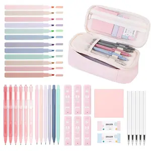 39PCS Cute School Supplies with Pen Case for Girls - 5 Black Ink Gel Pens, 12 Pastel Highlighters, 6 Aesthetic Mechanical Pencils Set for Stationary College Essentials