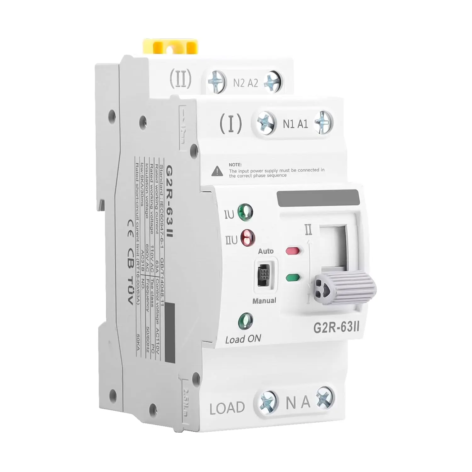Mini ATS AC Automatic/Manual Transfer Switch 2P 63A 110V, ATS Manual Transfer for Uninterruptible Power Supply Home, Dual Auto Power Electrical Selector Switch DIN Rail Mount(G2R 2P 63A AC110V)