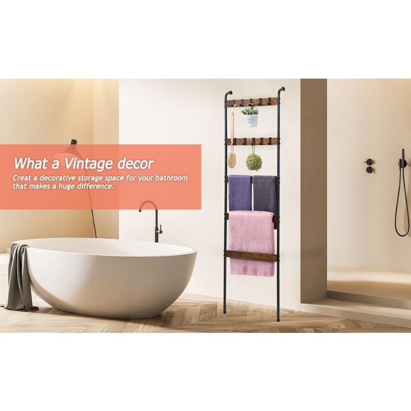 Wardrobe quilt holder, blanket ladder, 5-tier towel rack with 2 rows of detachable hooks, wall tapestry rack, practical shelves, bathroom towel rack, decorative display ladder rack, scarf, industrial, living room, bedroom, bathroom