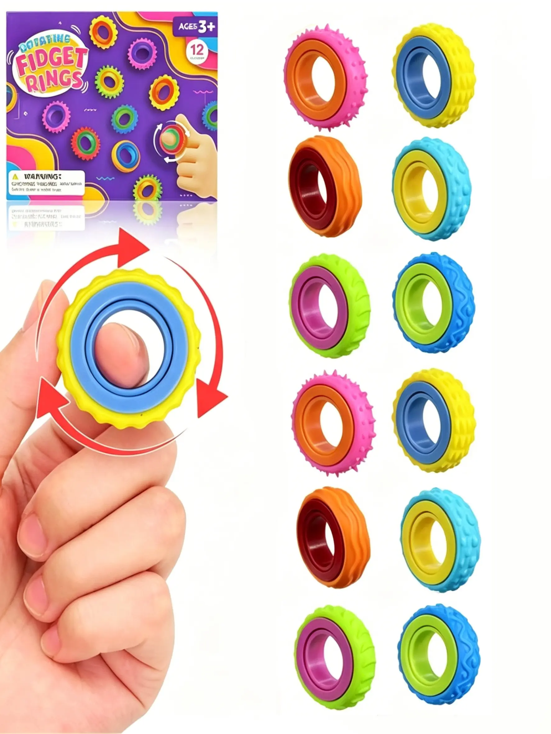 6-Pack Multi-Texture Fidget Rings, Stress Relief Fidgets, Anxiety Relief Sensory Toy for Autistic Children, Classroom Rewards, Christmas Socks Fill, Birthday Party Gift