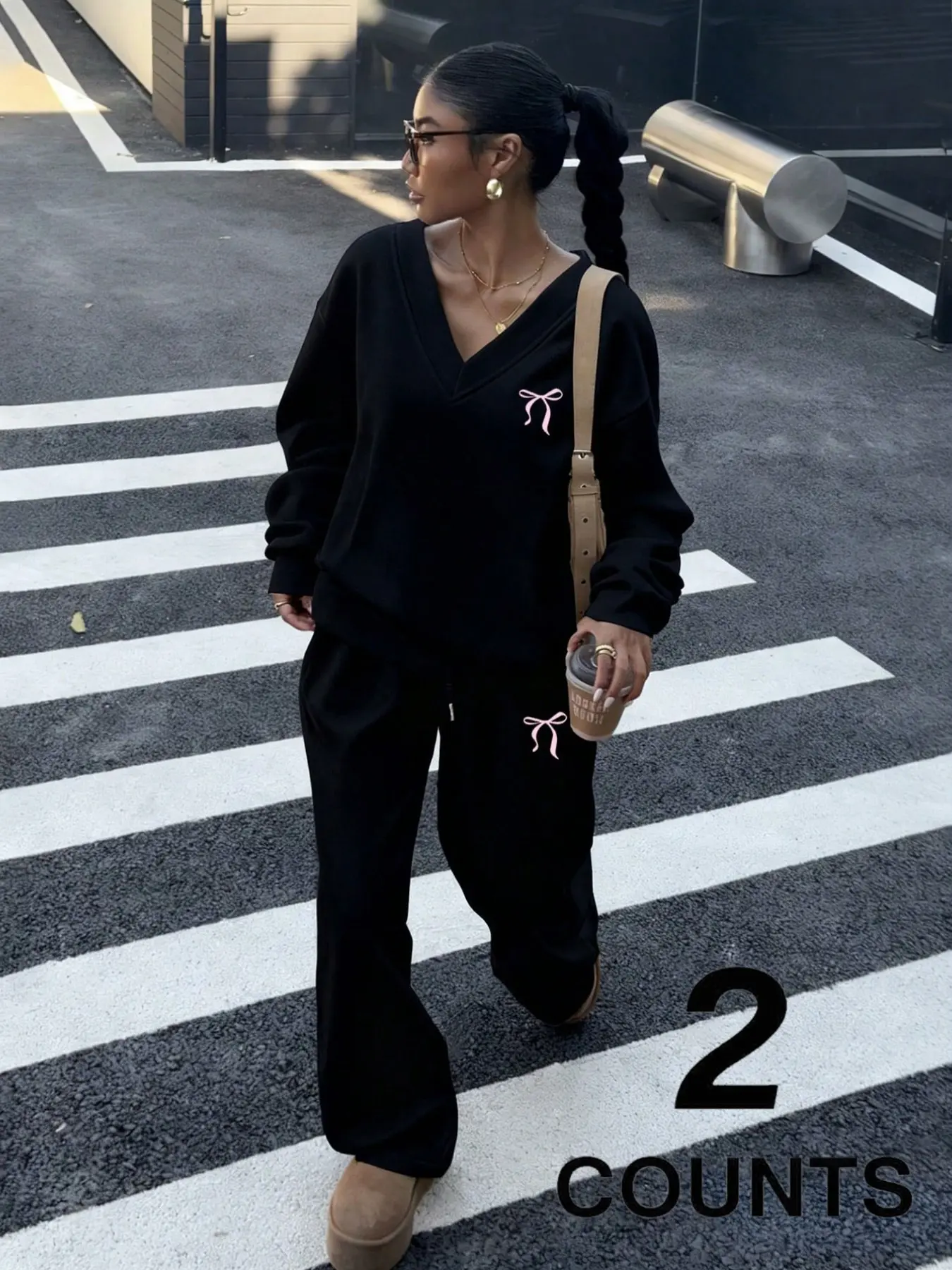 Women Y2K Coquette Hot Girl Oversized V Neck Pink Bow Sweat Matching Set Black Relax Fit Long Sleeve Top & Baggy Sweatpants Daily Co Ord