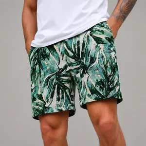 Men’s Casual Tropical Jacquard Fabric Shorts - Elastic Waistband, Woven Leaf Pattern, Vacation Summer Wear