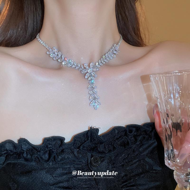 Silver Needle 2026 Zircon Wheat Ear Tassel Earrings and Necklace Set, Fashionable Light Luxury Clavicle Chain, High-end Jewelry