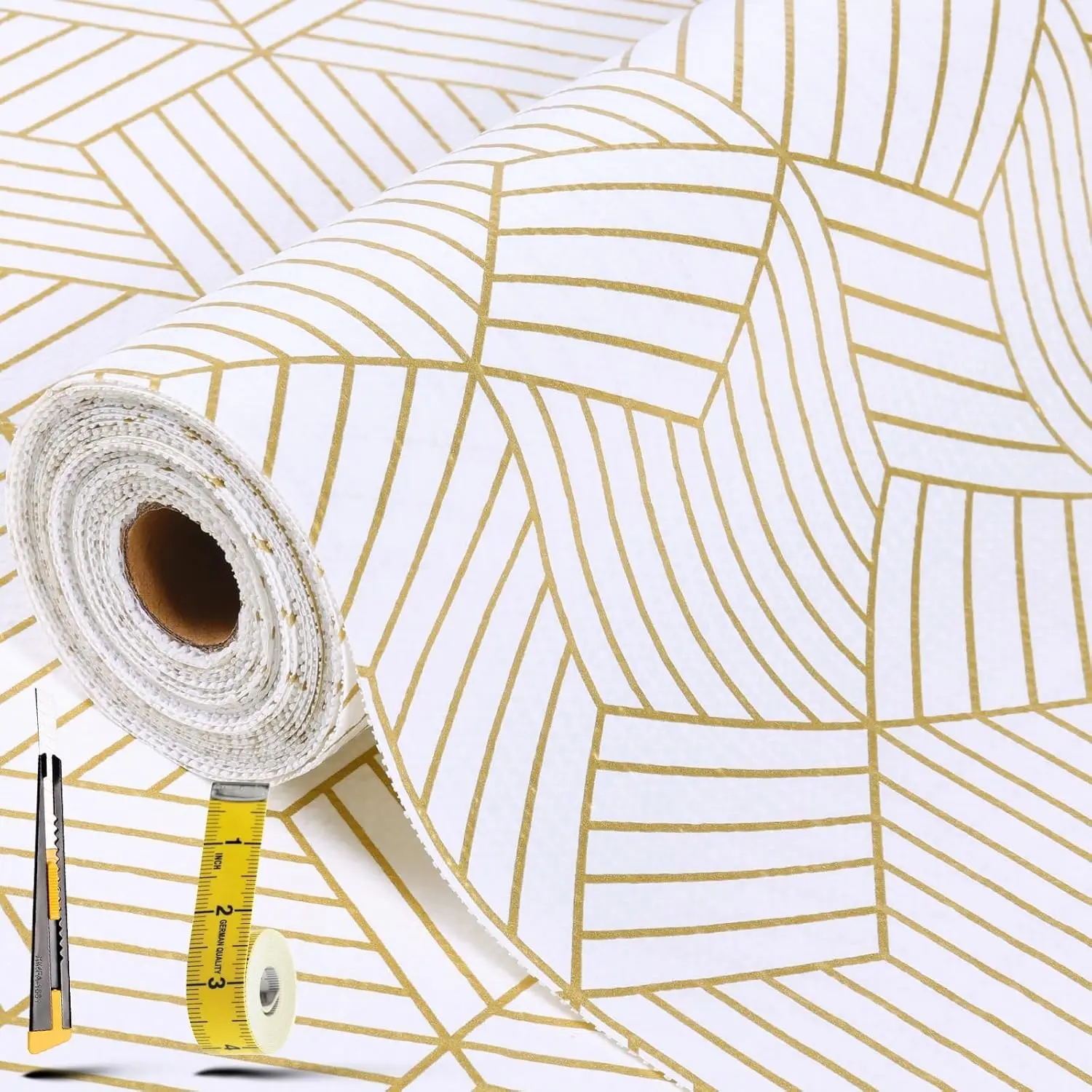 Non-Adhesive Shelf Liners for Kitchen Cabinets 12in x 20FT, Strong Non-Slip Thickened Gold Geometric Drawer Liner, Easy to Clean, Comes with Knife and Tape Measure
