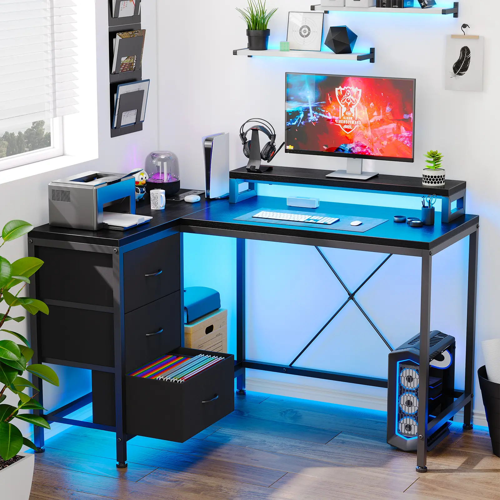 Garvee Reversible L-Shaped Corner Desk with Power Outlets & LED Lights - 3 Drawers, Monitor Stand & Storage Shelves, Home Office/Gaming Computer Desk 47 in - Black Willow