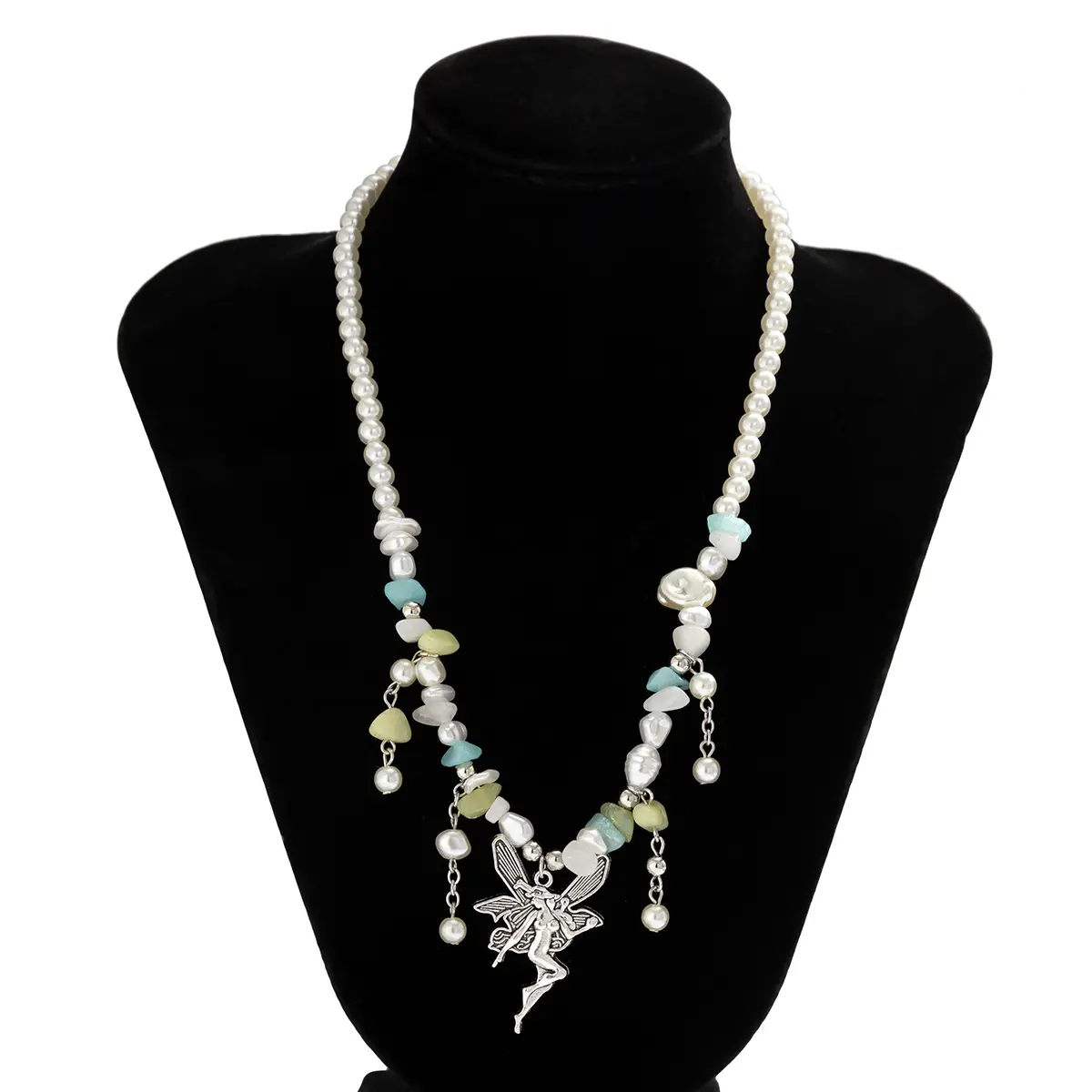 Pearl Necklace for Women with Fairy Charm Pendant, Cute Beaded Chain Necklace, Colorful Aesthetic Jewelry, Coquette Fairycore Y2K Fashion Accessories, Romantic Dainty Necklace Gift for Girls, Summer Outfit Party Wear