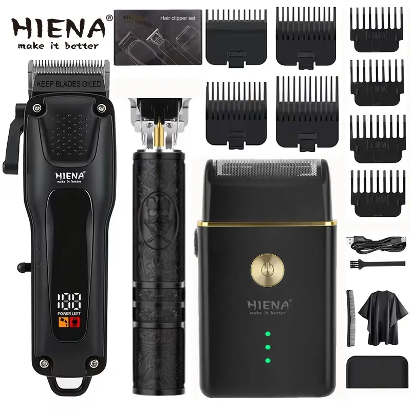 HIENA Black 3Pcs Cordless Grooming Kit, LED Digital Hair Clipper, Precision Detail Trimmer & Gold Beard Trimmer, Portable Mens Shaving Set, Perfect Birthday & Father’s Day Gift