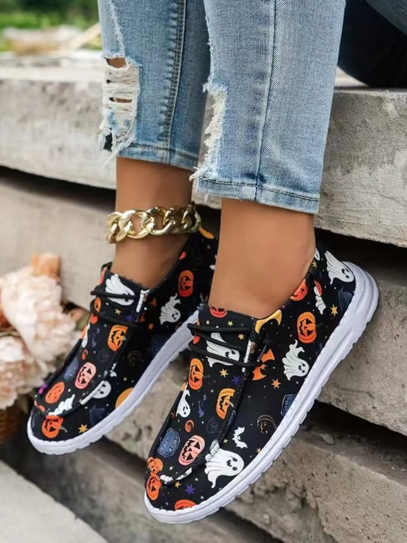 Halloween Ghost Pumpkin Bat Print Slip-On Shoes, Elastic Band Lightweight Flat Casual Shoes, Halloween Festival One-Step Commuter Shoes
