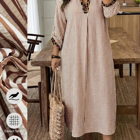Plus Size Womens Dress Autumn Winter Vertical Striped Leopard Print Trim V Neck Roll Tab 3 4 Sleeve Loose Elegant Midi Dress Casual Vacation Daily Beach Style AZ187
