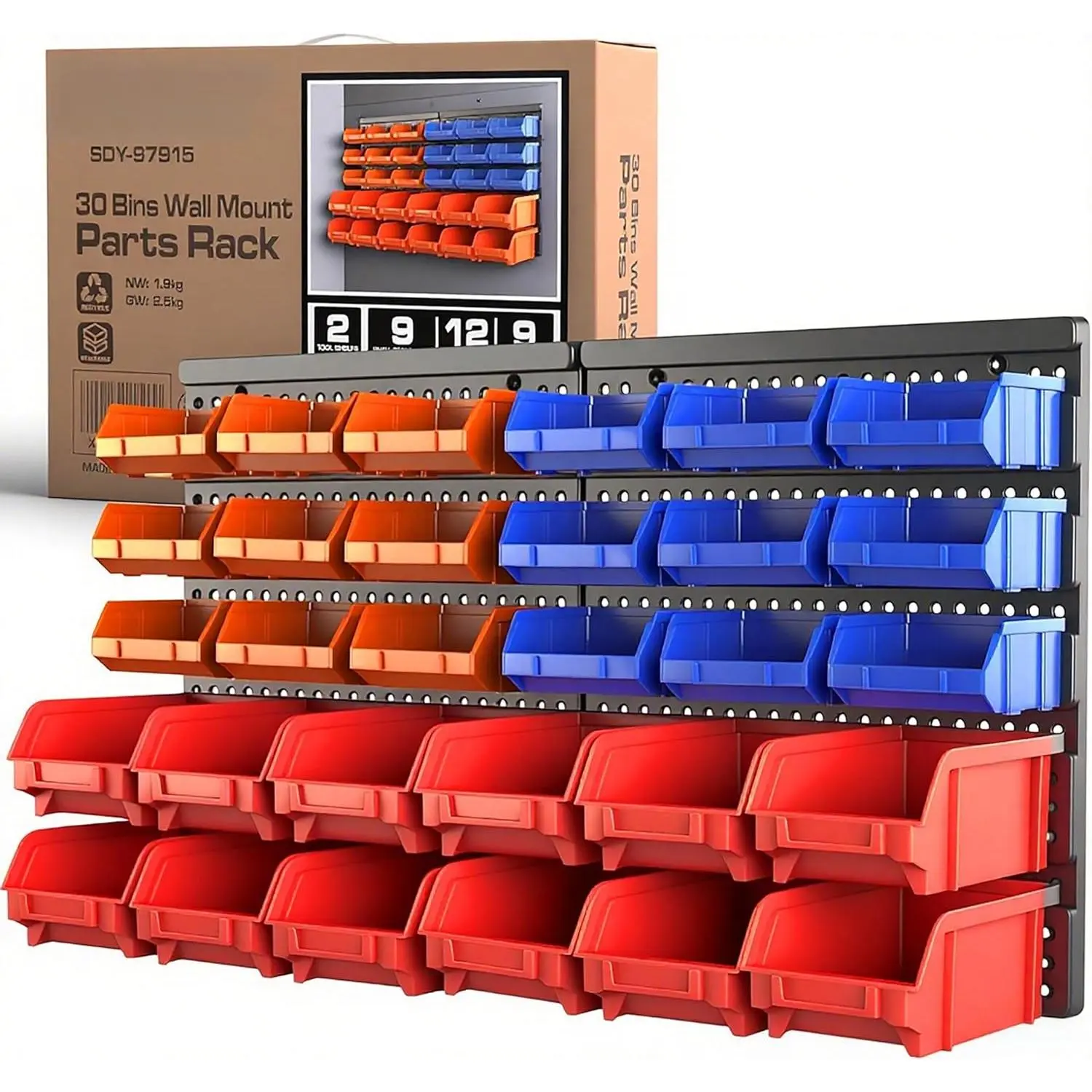 30-Bin Wall-Mounted Storage Rack System - Heavy-Duty Garage Tool Organizer  Screws, Nuts, Bolts, Nails, Beads, and Small Hardware Parts - Easy Installation and Customizable