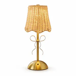 Cordless Wicker Woven Vintage Table Lamp - Rechargeable DC Power Supply LED Touch Control Adjustable Color-Tuned Table Lamp with 3 Dimmable Colors, Decor Reading Light for Bedroom, Back to School Gifts (with Lights)