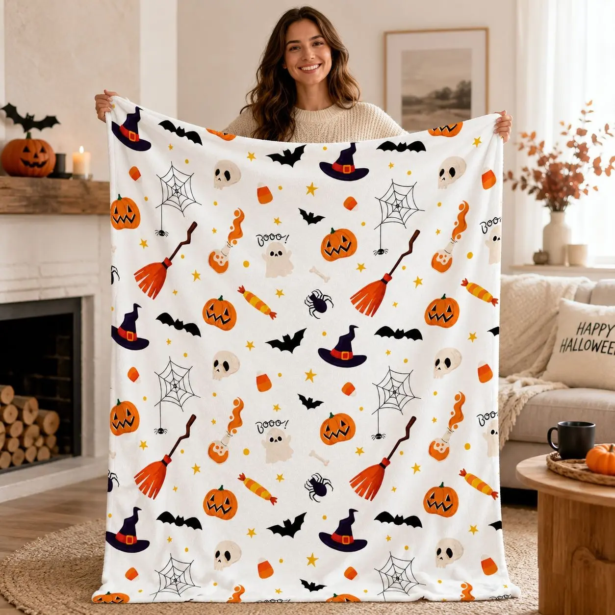 1pc White Halloween Pumpkin Ghost Flannel Blanket, Witch Hat Bat Spider Web Candy Print Soft Warm Throw for Sofa Bed Office Camping Travel Halloween Gift