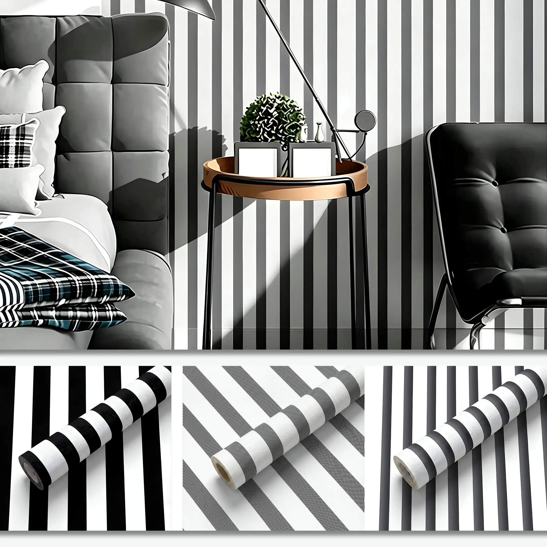 1 Roll 44.5cm/17.5in Black White Wide Vertical Stripe Vintage Wall Decals, Self-Adhesive French Mid-Century Minimalist Wallpaper, Thick Waterproof Strong Adhesive Furniture Contact Paper, Grid Back Easy Cut Peel Stick Wall Decor, for Dining Room Closet Li