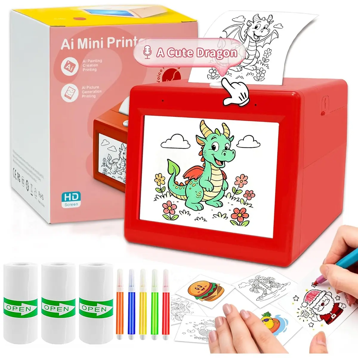 Ai Mini Printer, Portable Thermal Inkless Ai Voice Sticker Printer, Inkless Label Printer, Supports Ai Voice Generation and HD Preview Screen, Ideal for DIY Projects