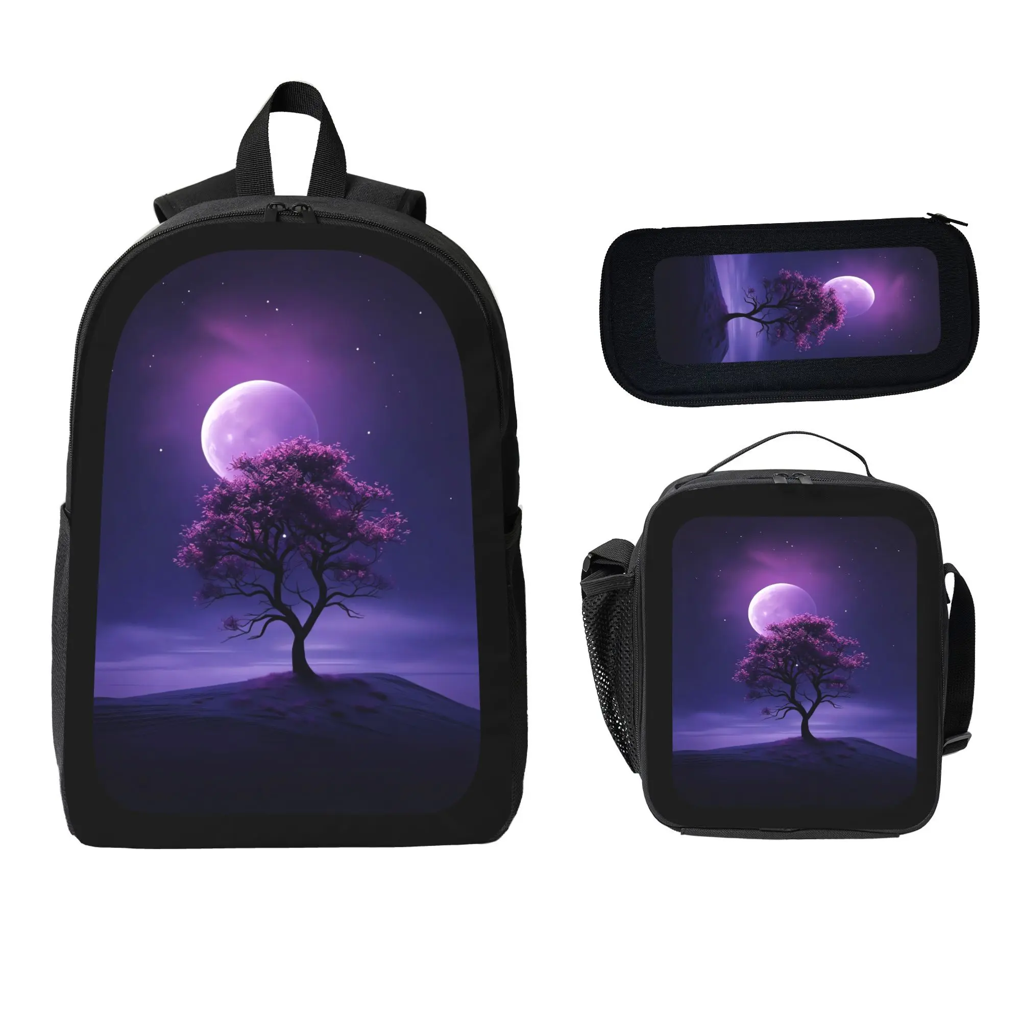 Purple Moon Tree Landscape 3PCS Backpack Set, Night Scenery Print School Backpack with Lunch Bag & Pencil Case for Teens Unisex