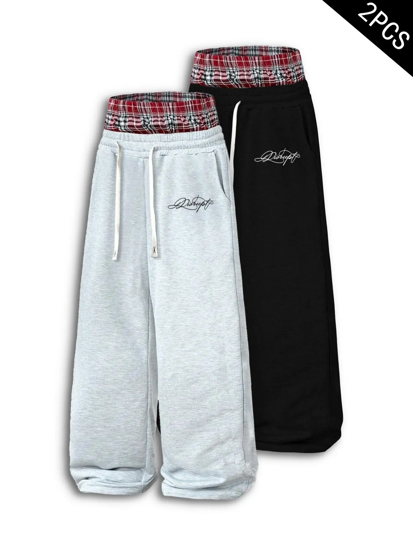 Trendy Y2K Baggy Wide Leg Sweatpants 2 Pack Checkered Contrast Waist Cursive Embroidery Drawstring Sweat Pants Oversized Soft Athletic Trousers Loungewear for Travel Home Teen Street Fashion Casual Comfy Sporty Leisure Sweatpants