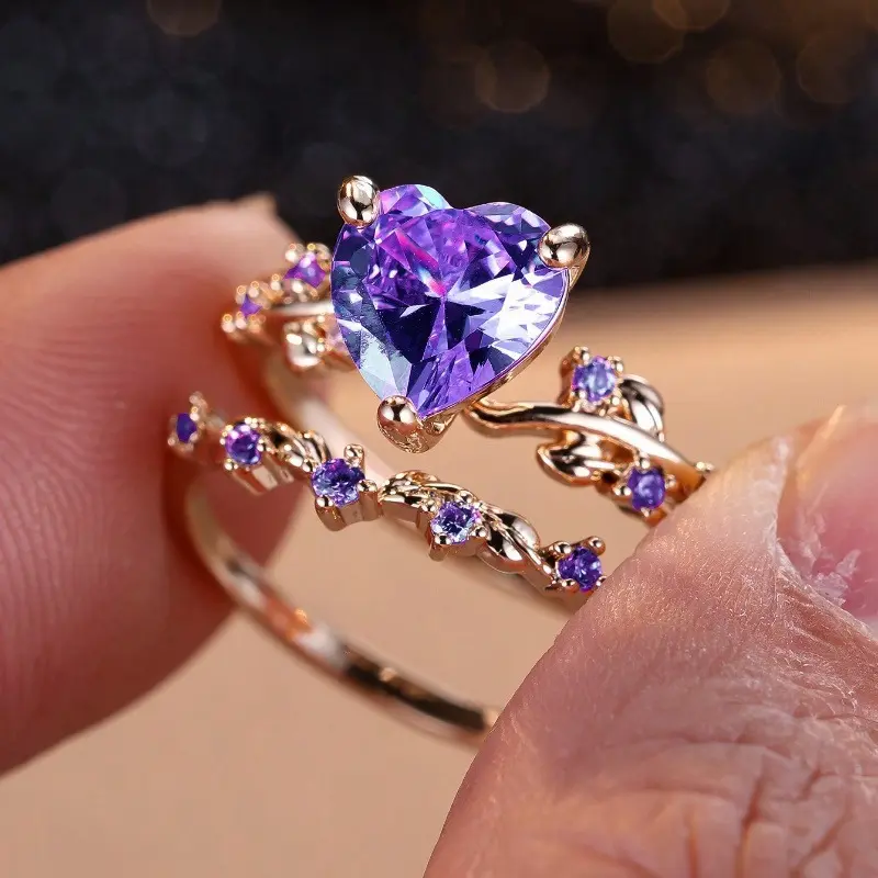 Women's 2-Pcs Ring Stack with Amethyst Vine Design, Heart-Shaped Purple Stone, and Elegant Rose Gold Finish, Valentine Gifts, Romantic Gift, Purple Crystal, Crystal Accents, Stackable Set