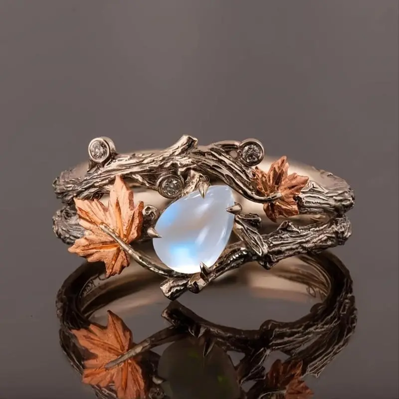 2-Piece Elegant Maple Leaf Statement Ring Set - Blue stone, Golden Finish | Vintage Style, High-Quality  | Ideal for Casual Wear & Gifting (Birthdays/Valentine’s Day/Christmas) | Women’s Golden Ring Jewelry Engagement Ring Set Blue Zircon