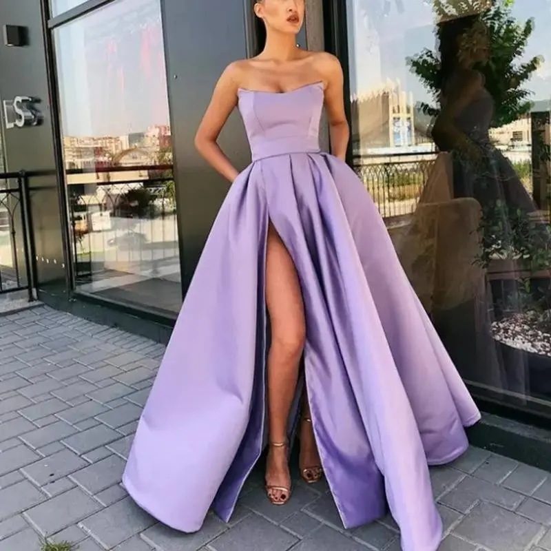 Womens Long Strapless Satin Prom Dress Sleeveless Slit Evening Ball Gown with Pockets