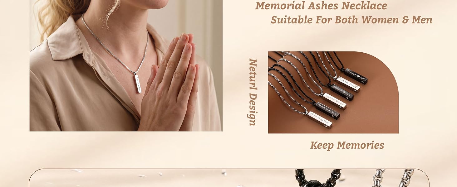 YADOCA 2 Pcs Urn Necklace for Ashes Men Women Keepsakes for Ashes Black Silver Stainless Steel Bar Pendant Necklace Memorial Cremation Jewelry for Lost Love with Engraved Saying
