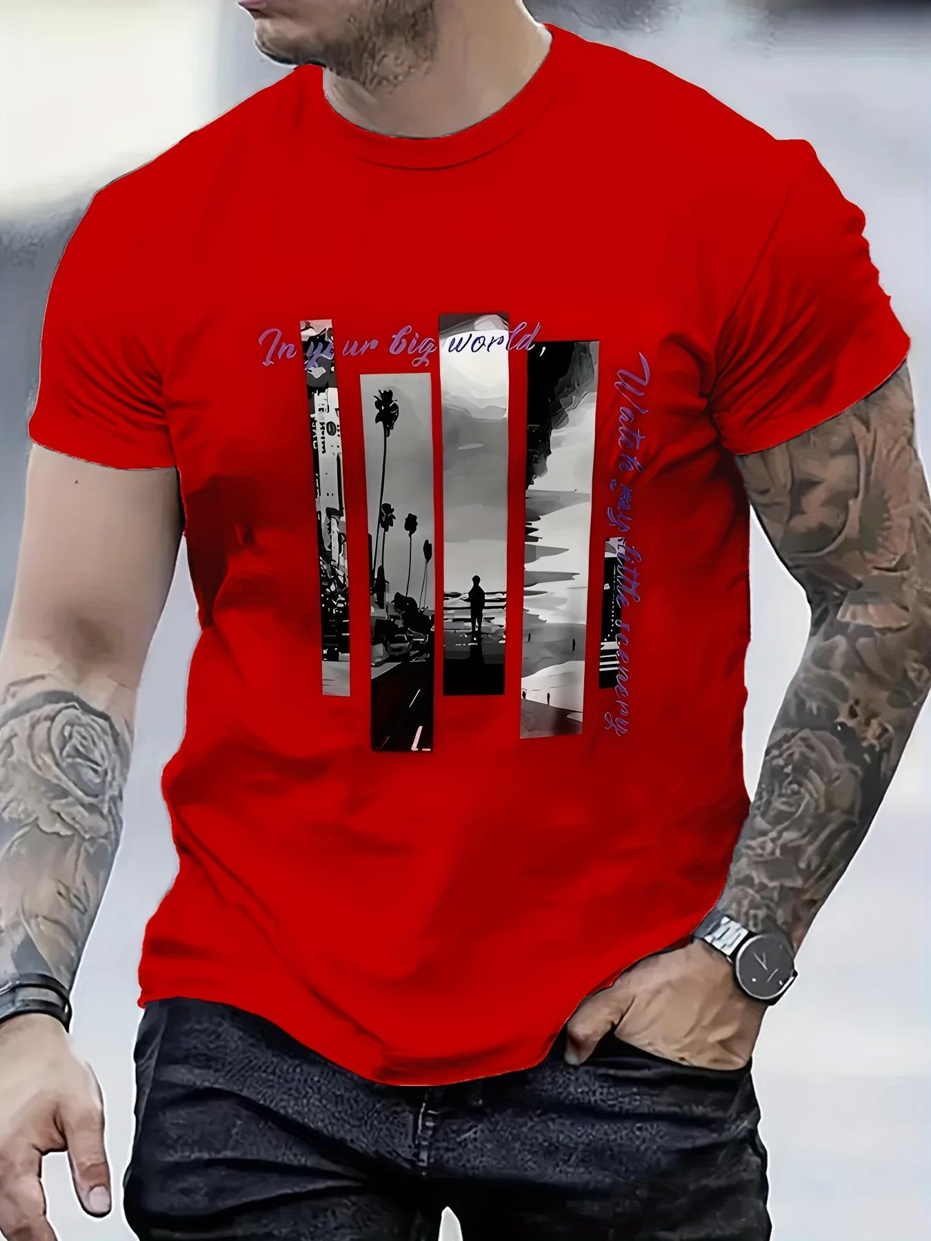 Men'S Stylish Red Graphic T-Shirt - , Short Sleeve Crew Neck, Comfort Fit for All Seasons, Casual Streetwear with Palm Tree & "In Your Big World" Design, Everyday Tshirt |     Bold Graphic Tee |     Smooth Texture Fabric graphic tee