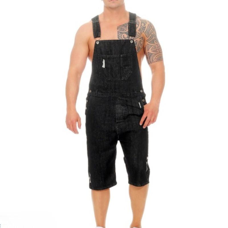 Plus Size S-3XL Men Denim Overalls Jumpsuit Shorts Ripped Hole Suspender Bib Jean Pants Cargo Work Summer Casual Slim Loose Street Wear Outfit Black Blue