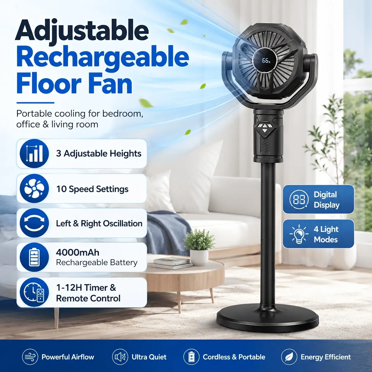 Adjustable Height Standing Fan, 4000Mah Rechargeable Standing Fan with Remote Control, 10-Speed Oscillating Floor Fan, Digital Display, 1-12H Timer, 4 Light Modes, Cordless Fan for Home Bedroom Office Use