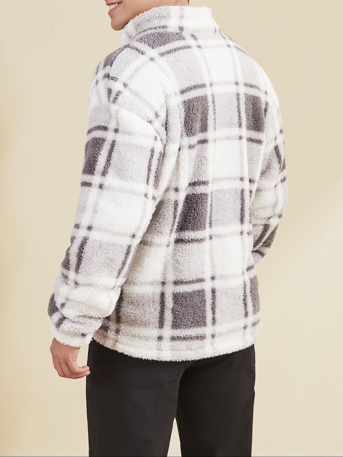 Men's Plaid Print Button Front Drop Shoulder Fuzzy Jacket, Casual Long Sleeve Collared Outerwear for Winter, Men's Clothes for Daily Wear
