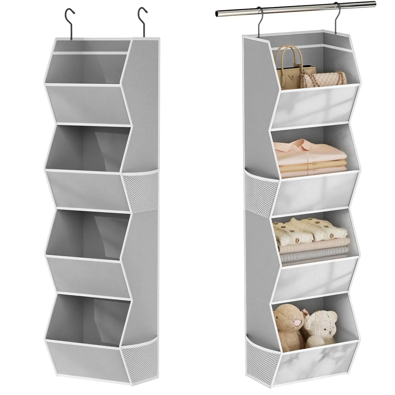 Hanging Closet Organizer 4 Shelf Collapsible Bedroom Closet Organizers and Storage Hanging with Mesh Pockets for Clothes, Fabric Hanging Storage Bins for Wardrobe Closet Organization and Storage