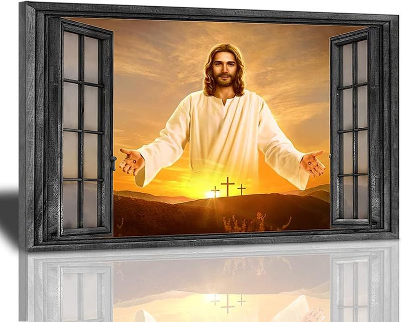 1 Count Jesus Christ Canvas Wall Art Jesus Greets You Welcome Back Window View Sunset Poster Christian Religious Modern Artwork Christ Spiritual Prints Framed Wall Decor For Bedroom Living Room 16x24inch