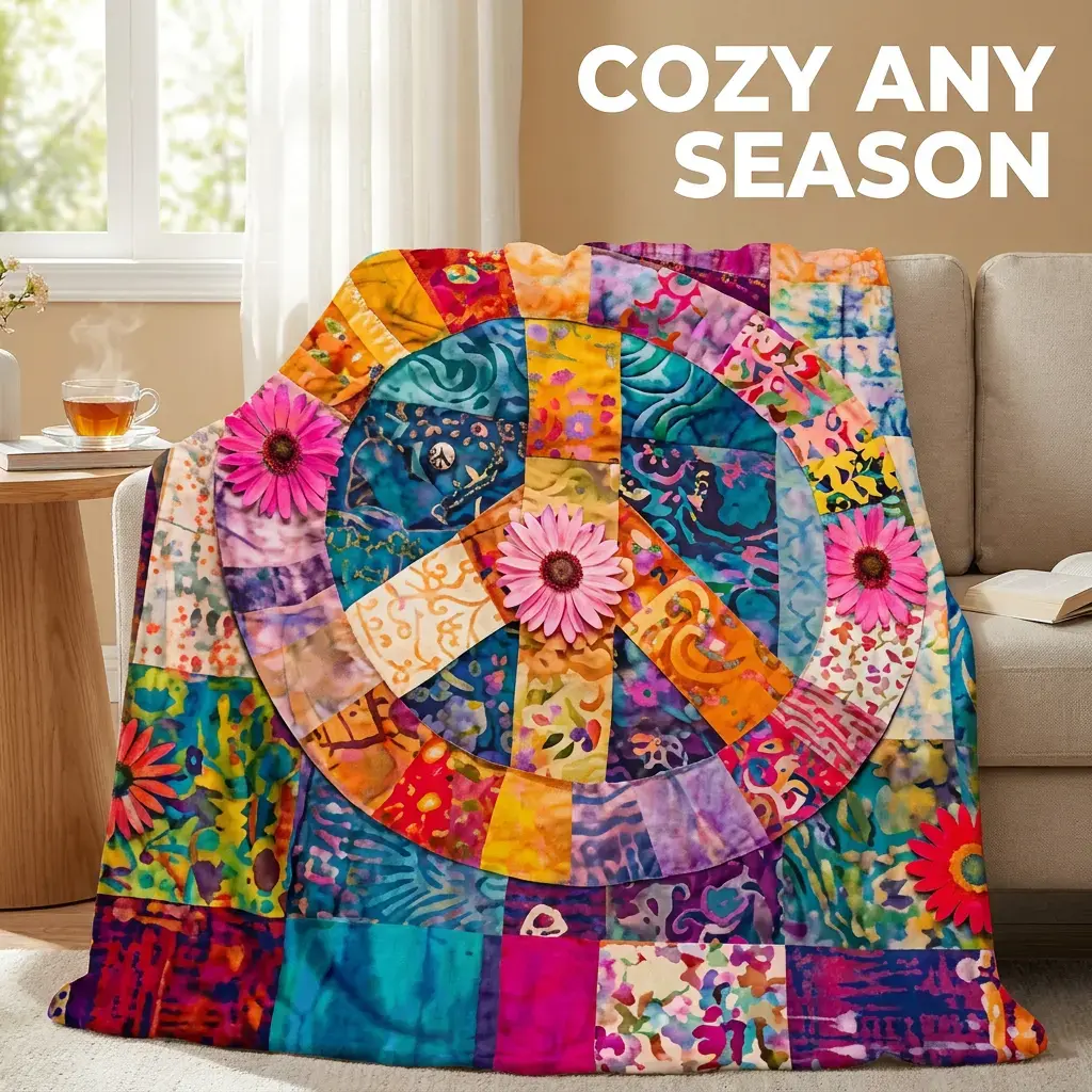 Multicolor Patchwork Peace Sign Collage Flannel Blanket, Soft Bedspread with Colorful Squares, Throw Blanket, Soft Cozy Blanket for Sofa, Bed, Car, Office, Washable, All Seasons, Decorative Blanket, Soft Blankets, Throw Blanket for Couch
