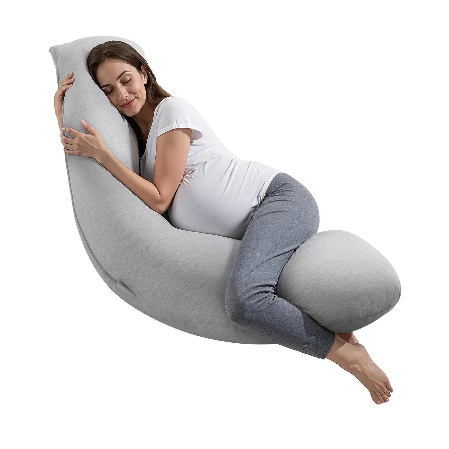 Pregnancy Pillows for Side Sleeping, L-Shaped Maternity Pillow for Pregnant Women, Soft Breathable Pregnancy Body Pillow with Washable Jersey Cover for Head Neck Belly Leg Support, Light Gray