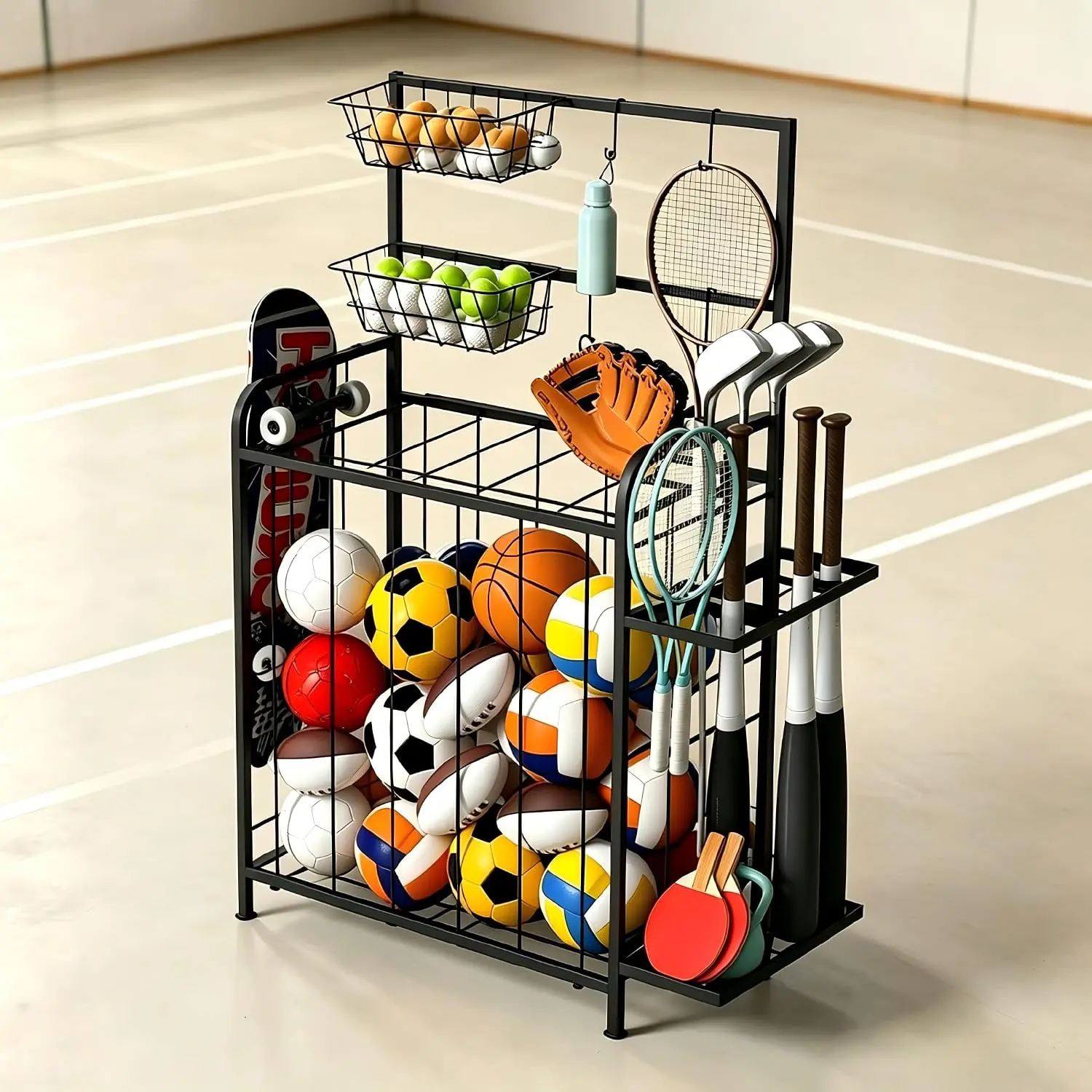 Metal Lightweight Freestanding Sports Equipment Organizer with Baskets, Hooks, Elastic Cords - Hanging & Easy Installation Garage Ball Storage Rack for Basketball, Soccer, Volleyball, Golf Clubs, Bat Rackets, Black, Functional, Multi-Basket