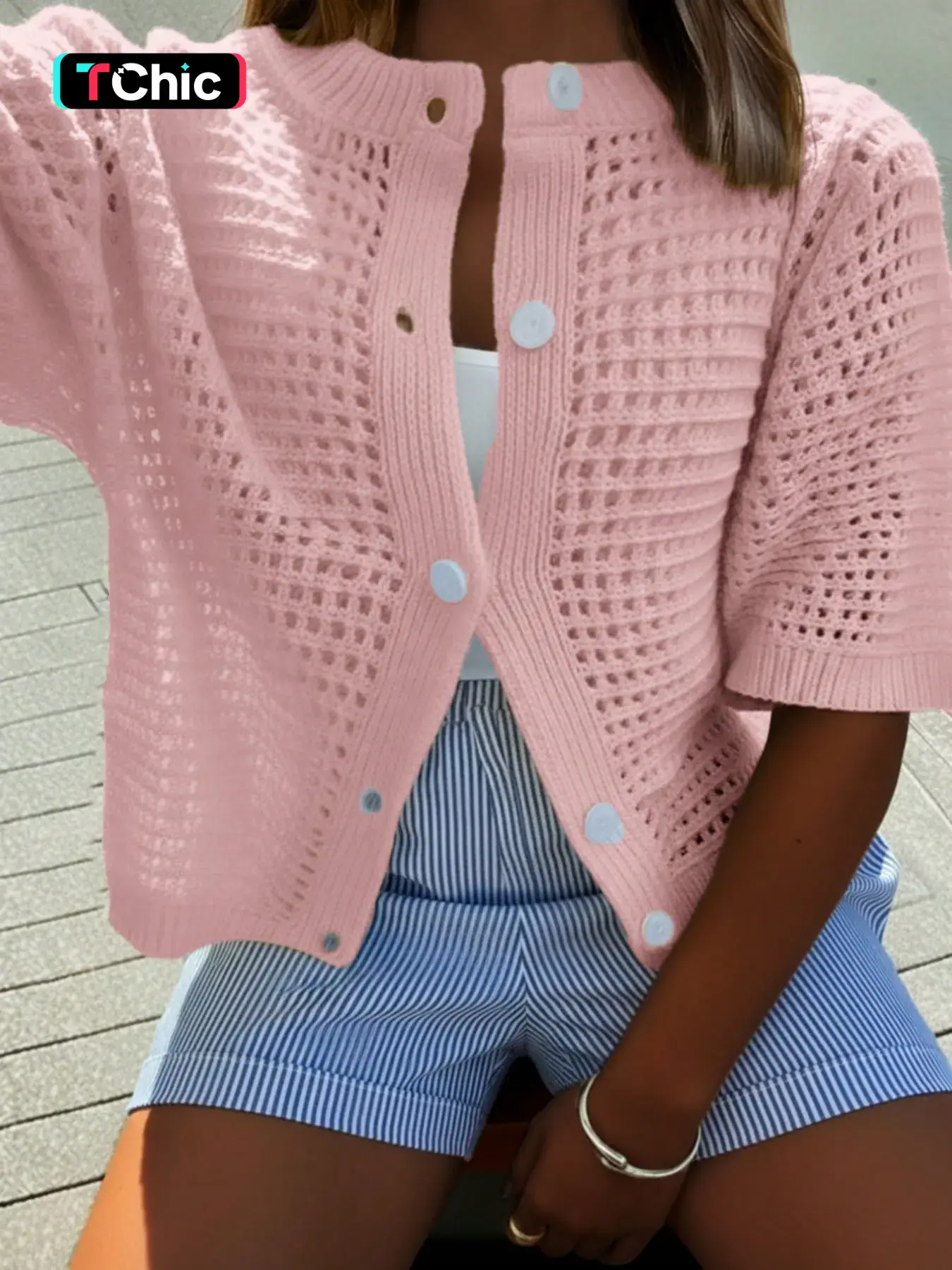 Women's Pastel Yellow Knit Cardigan, Tops, Short Sleeve Cropped Style, Hollow Out Mesh Texture, Single Button Open Front, Lightweight Breathable Soft Fabric, French Casual Style, Chic, Knitting, Perfect for Daily Wear, Beach Vacation, Summer Layering