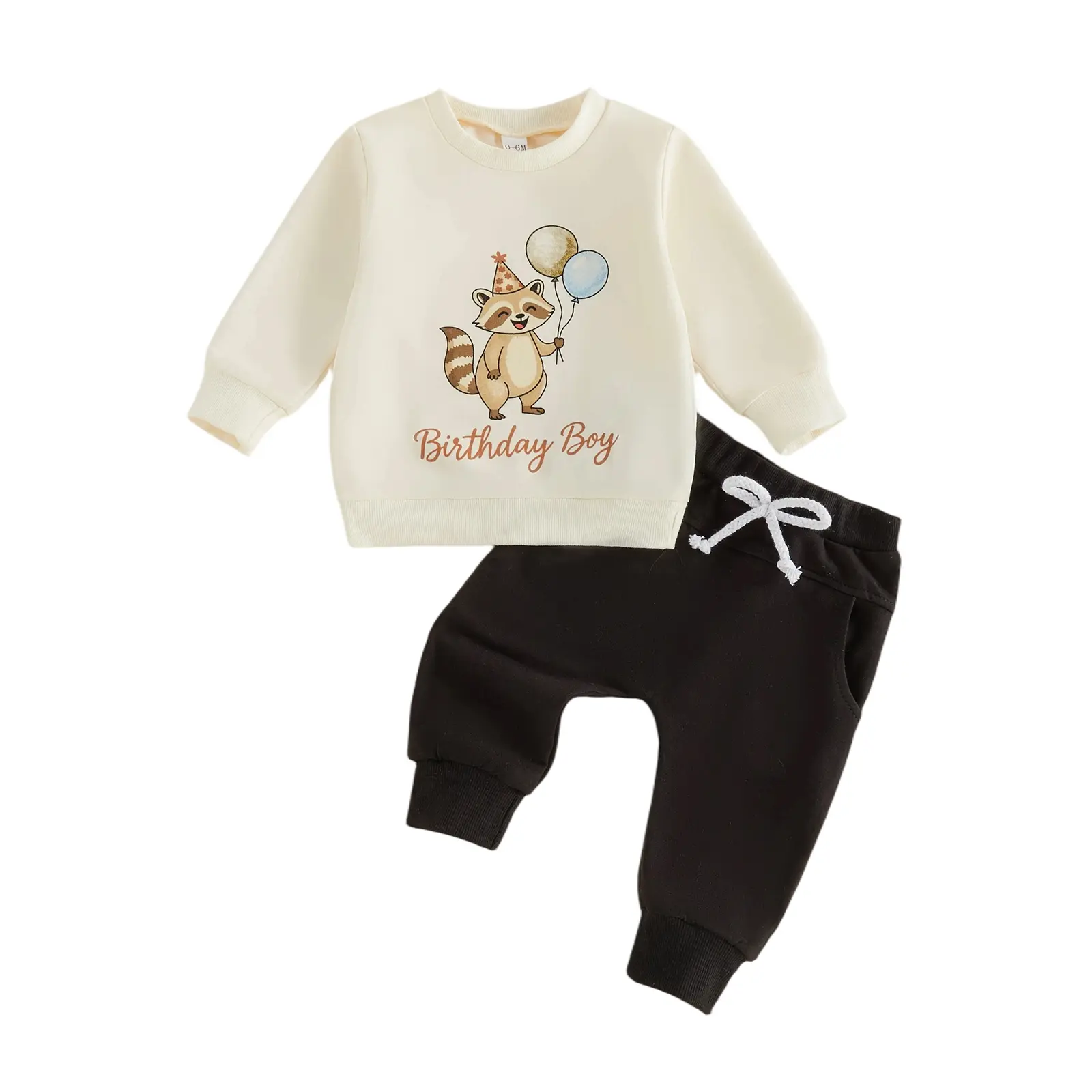 Babamoon Toddler Baby Boy Birthday Outfits sET Balloon Cartoon Raccoon Print Long Sleeve Sweatshirt and Jogger Pants 2 Piece Set 0-3 Years