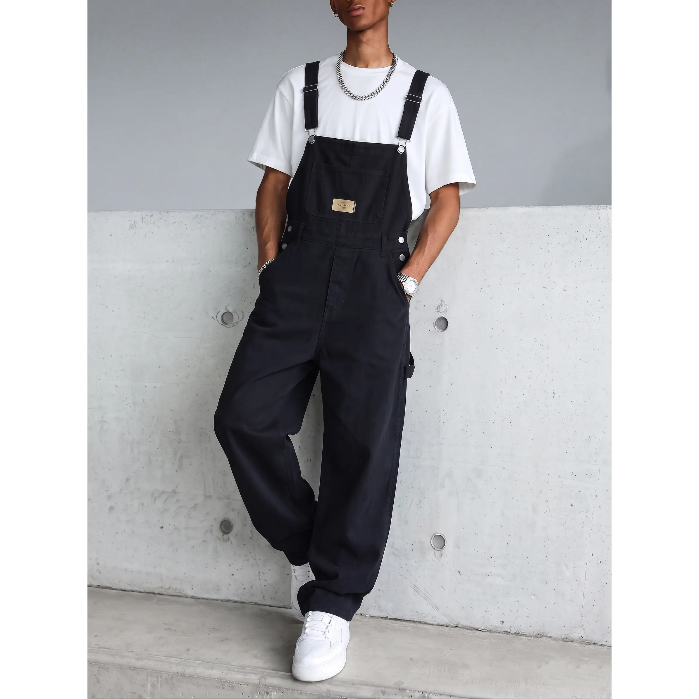 Men's Black Denim Overalls,Vintage Wide Leg Utility Dungarees,Y2K Clean Fit Casual Jumpsuit