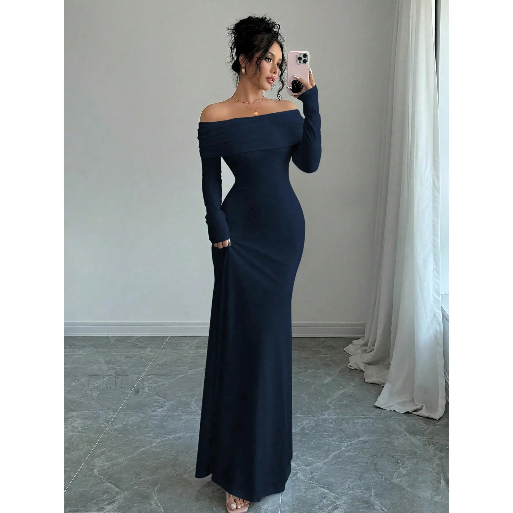 Women's Long Sleeve Off The Shoulder Bodycon Dress Elegant Maxi Dress Cocktail Prom Dresses