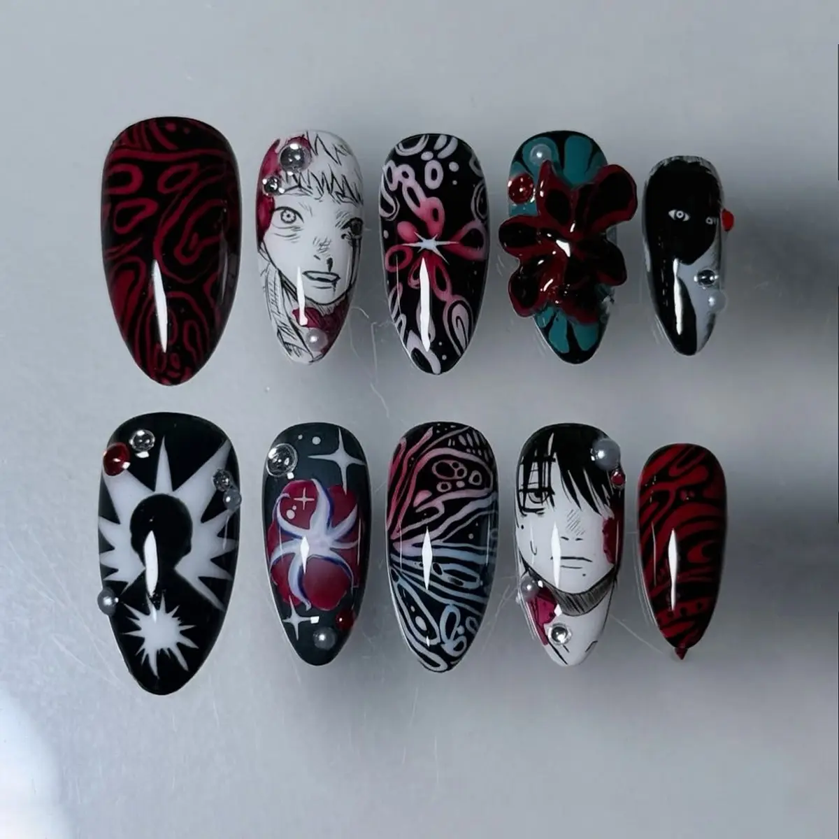 24 Pcs Anime Press-On Fake Nails, Medium Almond Shape, Hand-Painted Dark Manga Art, 3D Flower & Rhinestone Decor, Glossy Finish with Reusable Glue, Punk Cosplay Nails