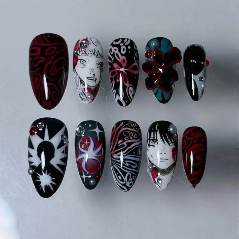 24 Pcs Anime Press-On Fake Nails, Medium Almond Shape, Hand-Painted Dark Manga Art, 3D Flower & Rhinestone Decor, Glossy Finish with Reusable Glue, Punk Cosplay Nails
