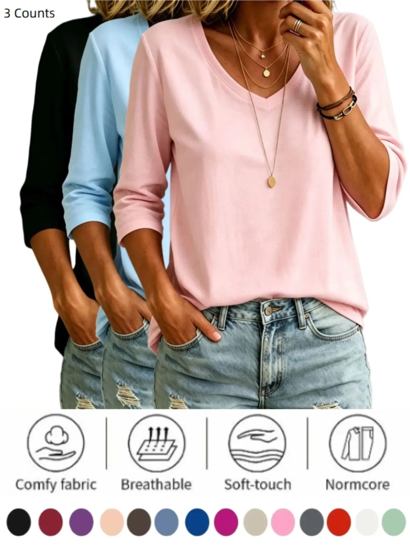 Women's V Neck Three Quarter Sleeve Top, Soft Stretch Loose Fit, Casual Daily Wear, Versatile Basic Tee, Comfortable and Stylish