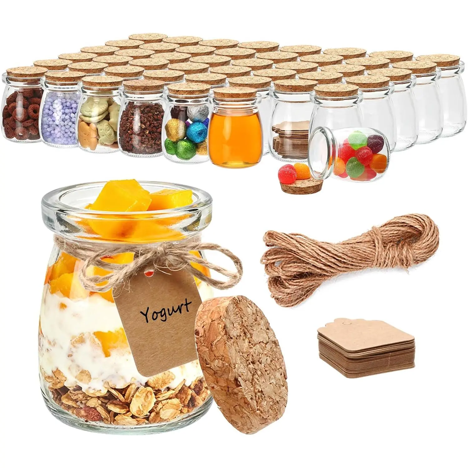 3.4 oz Small Glass Jar with Cork ,48 pcs Mini Glass Bottles,Spell Jars with Twine and Labels,Pudding Yogurt Jar for DIY Crafts,Wedding,Gifts,Party Favors, Shower