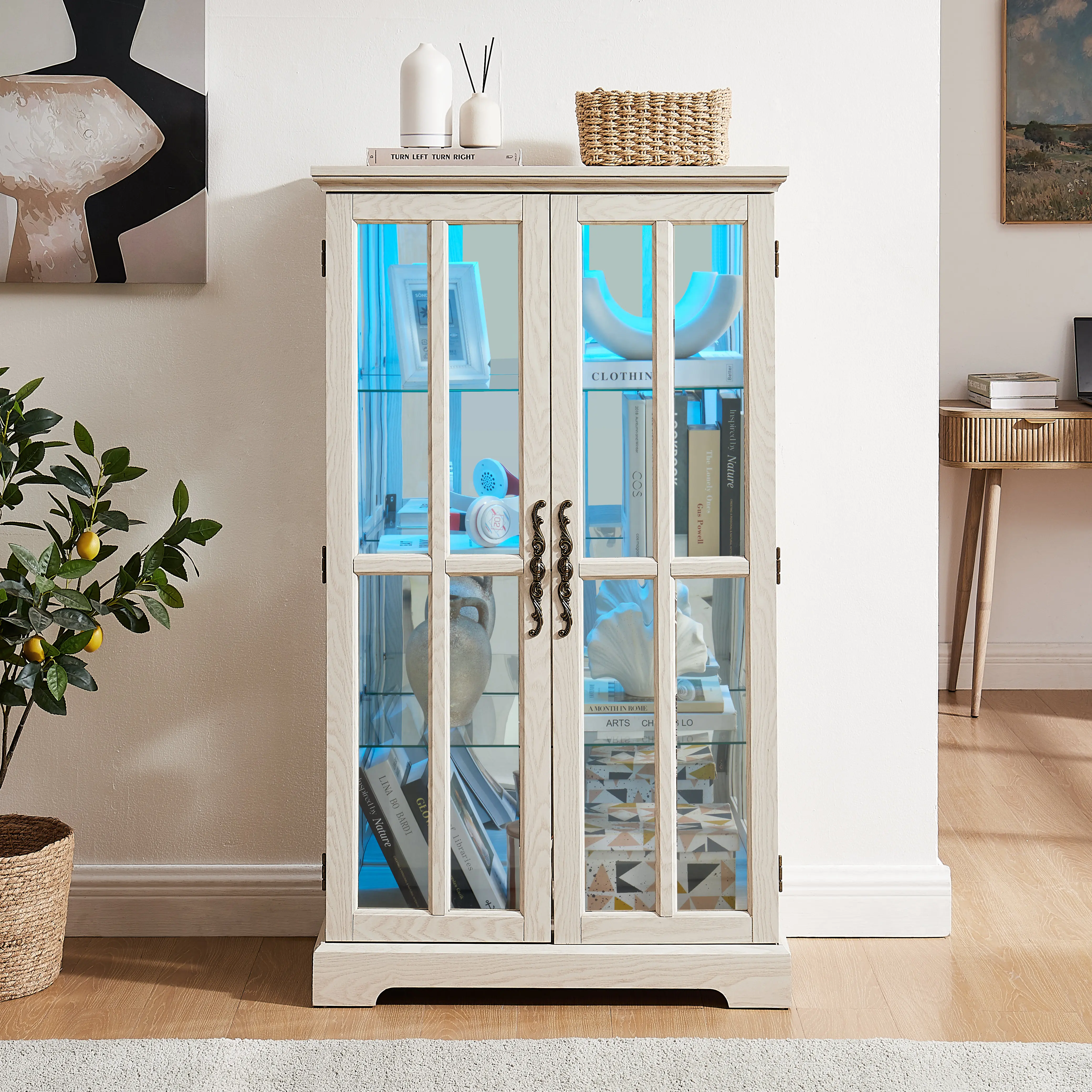 ARCH White Lattice Door Glass Display Cabinet - Single Unit Rectangular Tall Cabinet Storage, 3 Adjustable Shelves, Sturdy Base, MDF+Acrylic, 52.83" Height, 15.75W x 30.31D x 52.83H in, for Living Room Office