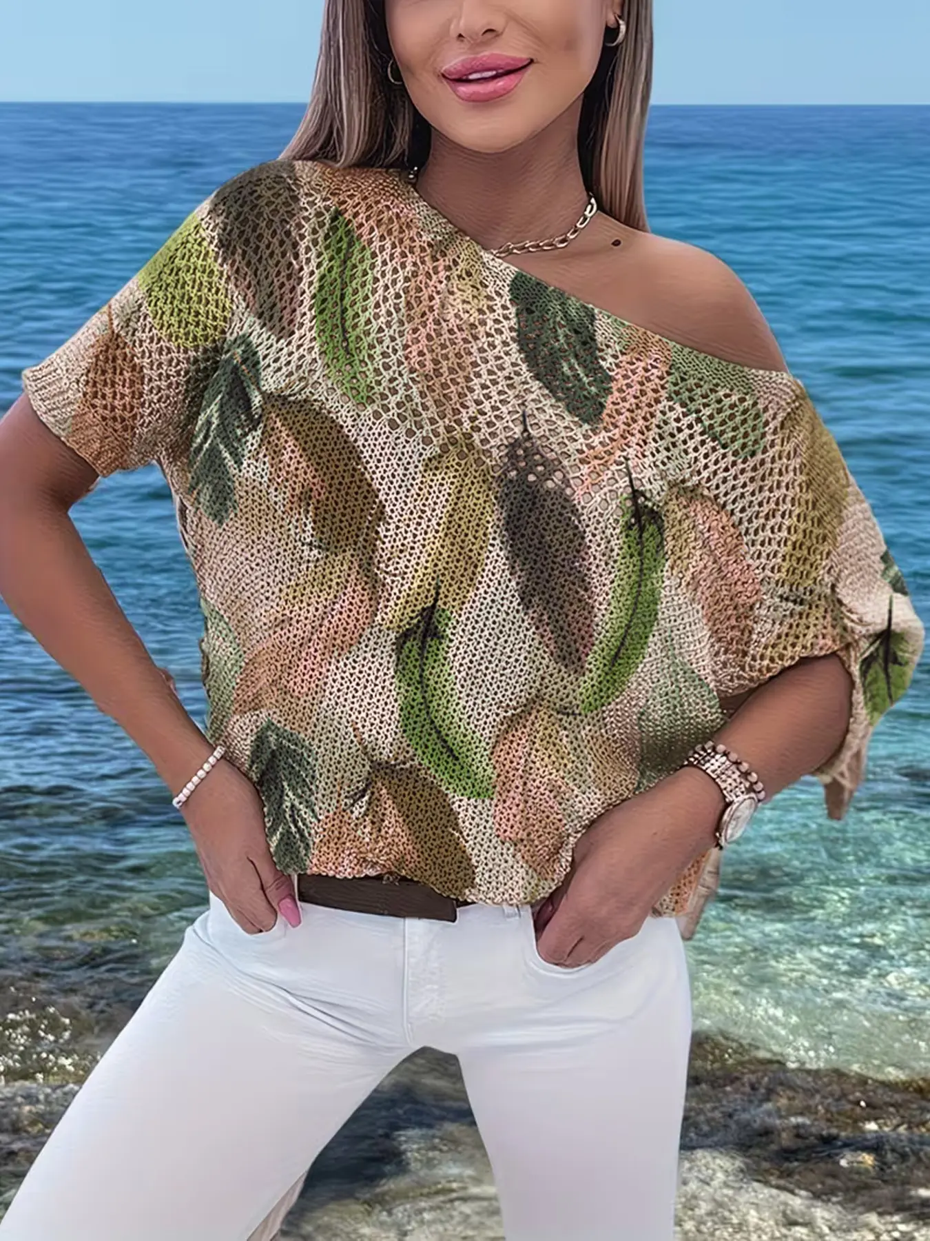 Women's Batwing Sleeve Loose Casual Feather Print Knit Top, Elegant Slim-Fitting Breathable Knit Shirt, Beach Vacation Outerwear
