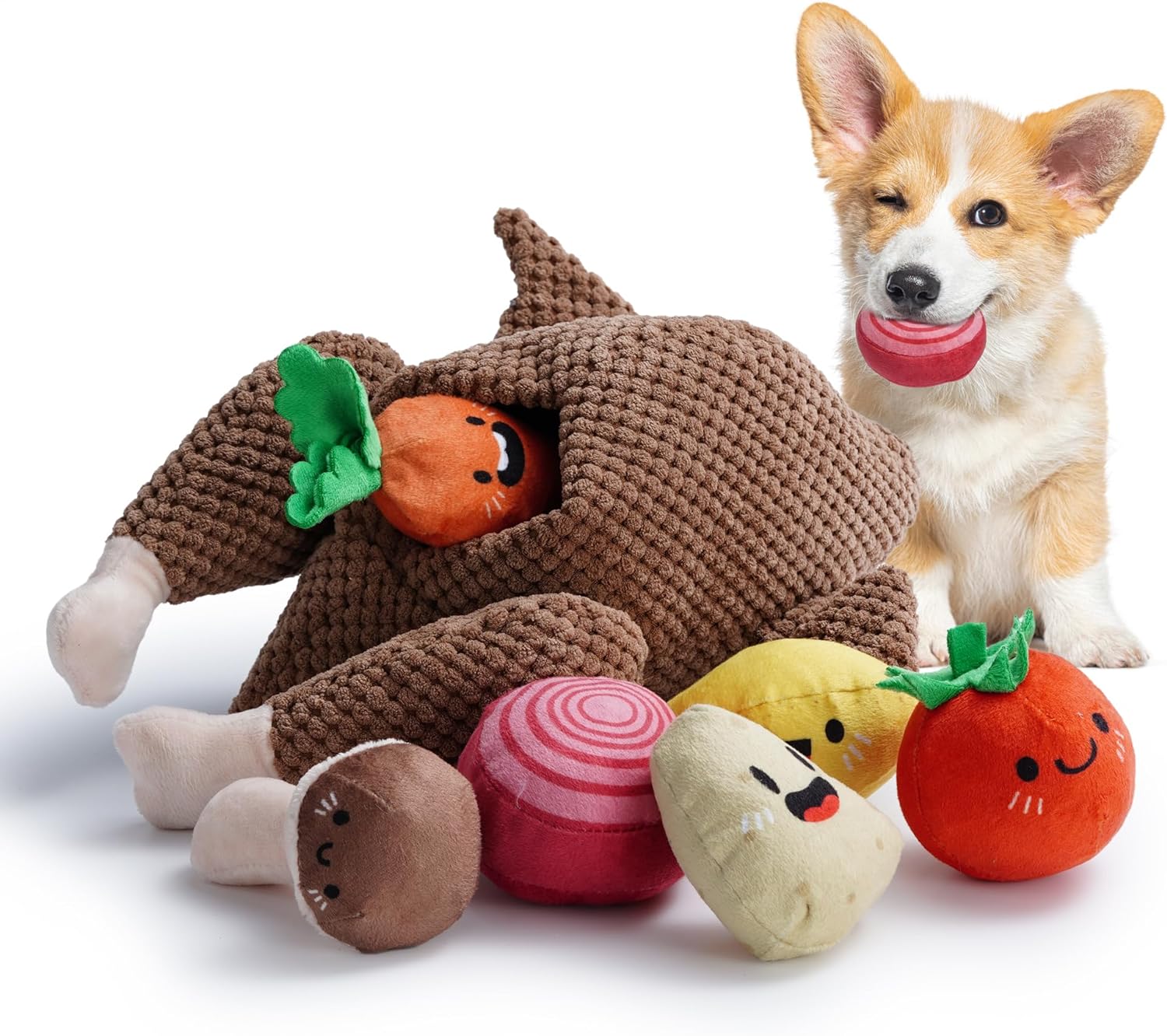 7-in-1 Thanksgiving Turkey Dog Toy,Big Turkey Puzzle Toy with 6 Squeaky Veggie Plush Toy, Interactive Enrichment Dog Toys for All Breeds