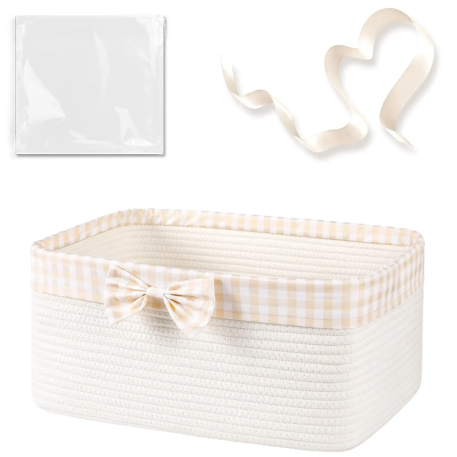 Basket for Gifts Empty, Large Gift Basket 13L with Gift Bag and Ribbon, Woven Cotton Basket for Baby Showers, Birthday, Wedding, Mother's Day, 13.58"x10"x5.9", White and Cream
